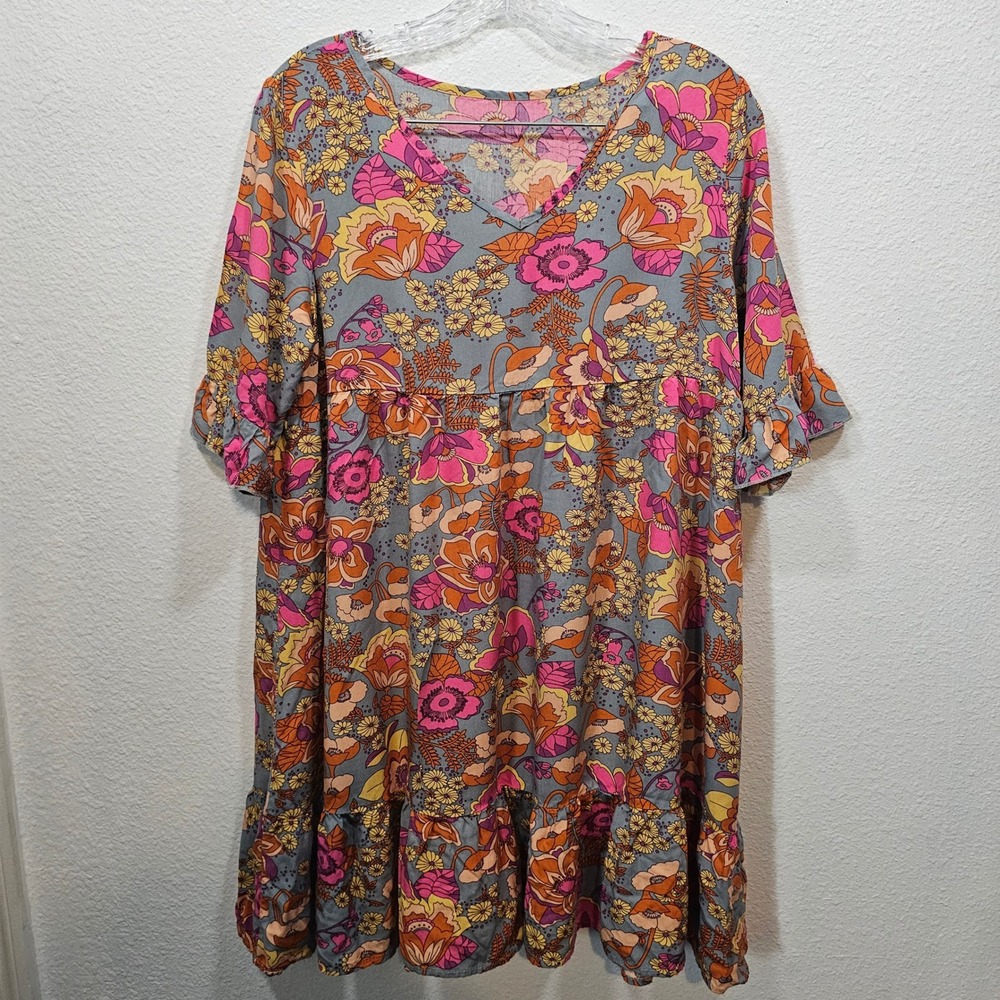 Floral Boho Babydoll Mini Dress V-Neck Ruffle Sleeve Pink Orange Large